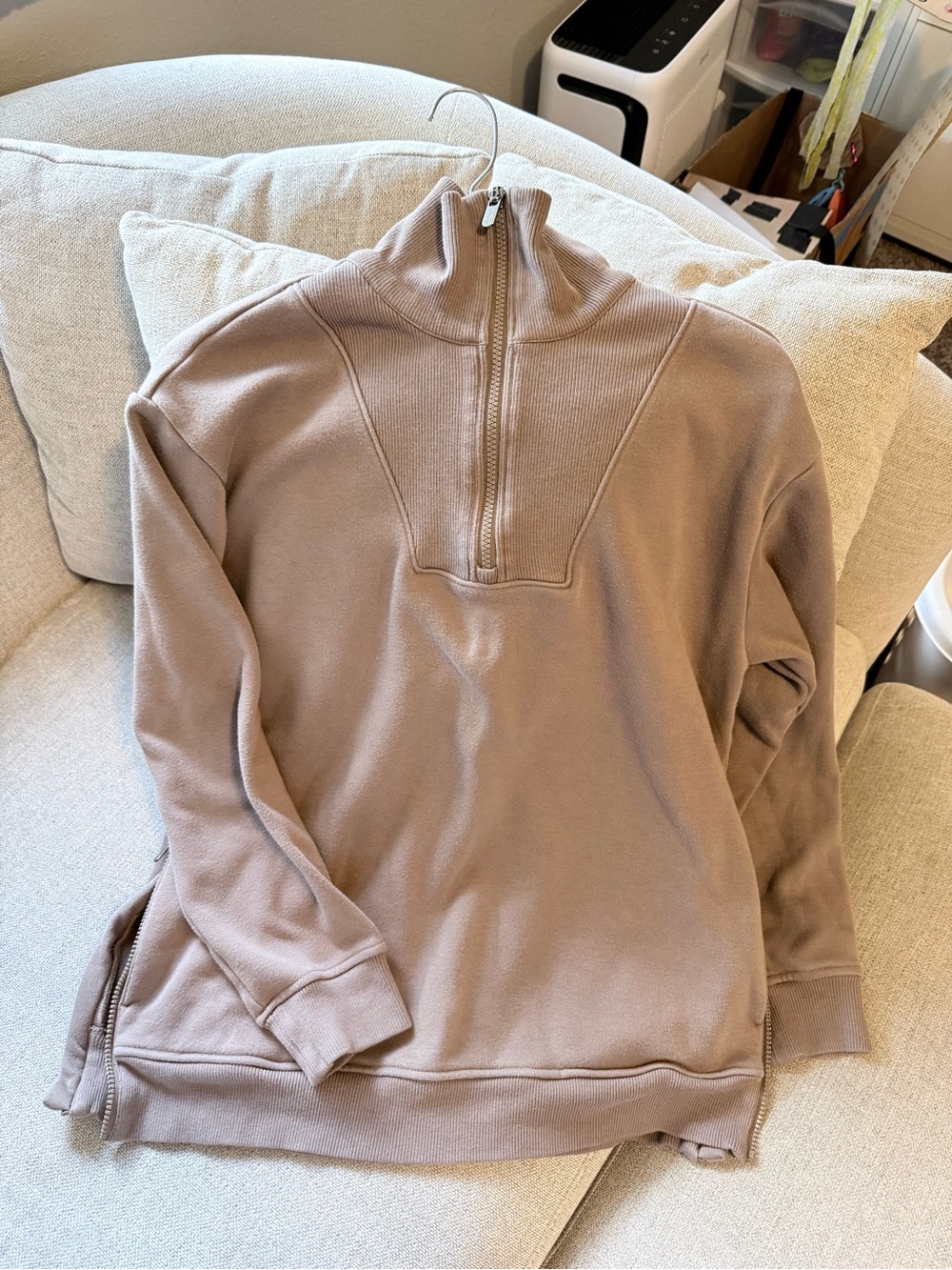 Athleta Women’s High-Neck Zip-Up Sweater in Taupe